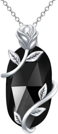 wholesale Sterling Silver Rose Flower Necklace with Gemstone Dainty Pendant Jewelry for Women Mom Mother s Day Birthday Gift-Black Onyx