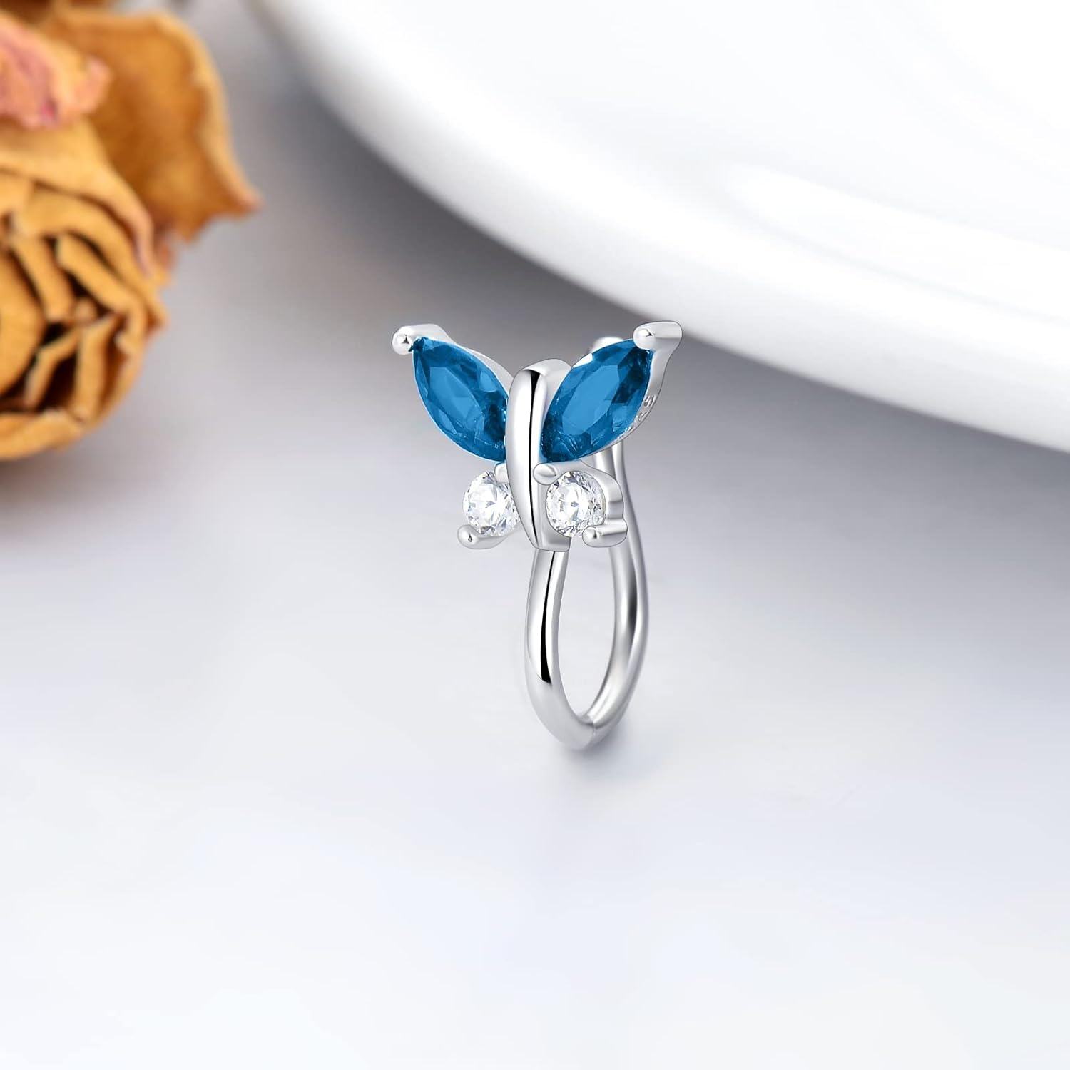 925 Sterling Silver Simulated Birthstone Butterfly Clip On Nose Cuff for Non Pierced Nose-0-2