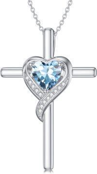 wholesale 925 Sterling Silver Aquamarine Cross Necklace - March Birthstone Faith Pendant with 18 Chain, Hypoallergenic White Gold Plated Jewelry Gift for Women-03-Aquamarine-Mar.