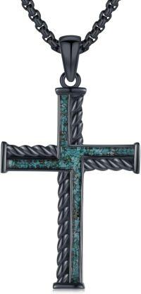 wholesale 925 Sterling Silver Black Plated Rope Design Turquoise Inlay Cross Pendant Necklace for Men's Religious s-J01-Black Cross with Turquoise Gravel
