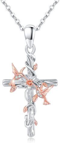 wholesale 925 Sterling Silver Cross Hummingbirds & Flowers Pendant Necklace-C-Cross Hummingbird
