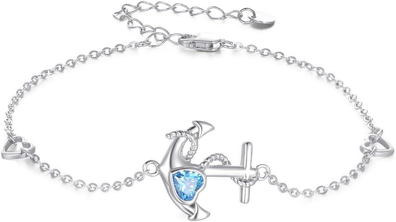 wholesale 925 Sterling Silver Heart-Shaped Blue Crystal Anchor Charm Bracelet-0-0
