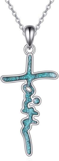 wholesale 925 Sterling Silver Turquoise Stone Inlay Cross Pendant Necklaces for Women and Men Christian -Faith