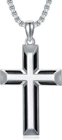 wholesale 925 Sterling Silver Cross Pendant Necklace  - Black Inlay Design for Men & Women Protection Amulet Religious Gift with 24+2mm Rolo Chain (Gift Included)-M-Cross