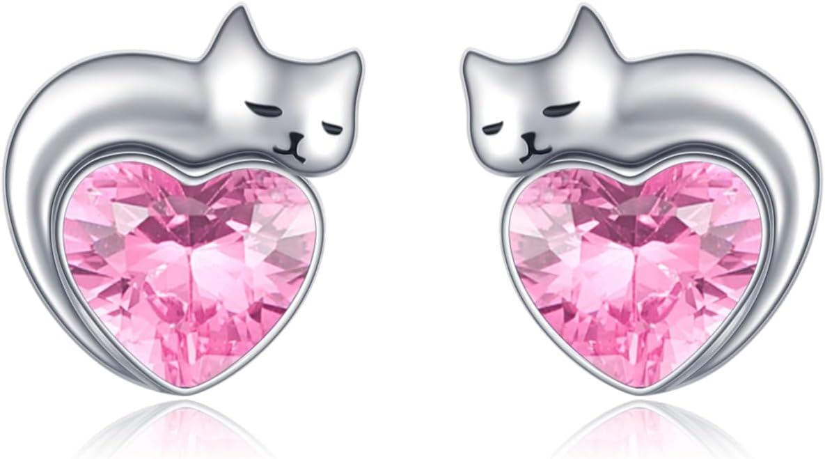 wholesale Sterling Silver Birthstone Cat Stud Earrings Heart Jewelry for Women-10-October