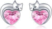 wholesale 925 Sterling Silver Birthstone Cat Stud Earrings Heart Jewelry for Women-10-October