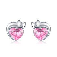 wholesale 925 Sterling Silver Heart Shaped Cat Earrings-10-October