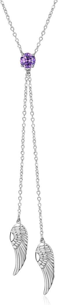 wholesale Sterling Silver Zirconia Angel Wing Necklace with Birthstone for Women-February