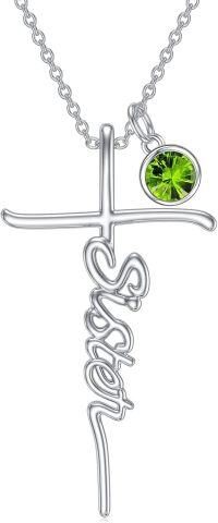wholesale 925 Sterling Silver Birthstone Cross Sister Initial Pendant Necklace-08-August
