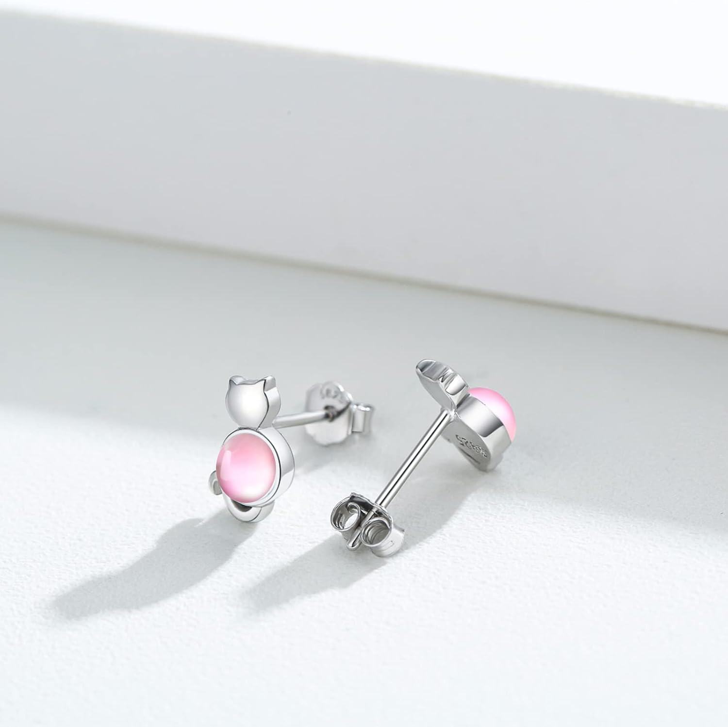 925 Sterling Silver Pink Cat Stud Earrings-0-3