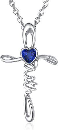 wholesale Sterling Silver Simulated Gemstone Faith Cross Birthstone Necklace for Women Christian Gifts-09-Sapphire