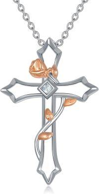 wholesale 925 Sterling Silver Cubic Zirconia Cross Pendant Necklace with Rose Gold Accents and Chain - Faith  for Mom Wife Daughter Sister-Rose Cross-Rose Cross Necklace