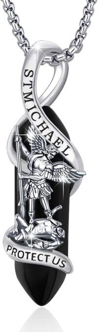 wholesale 925 Sterling Silver Black Onyx Saint Michael Guardian Angel Protect Us Charm Necklace-Black