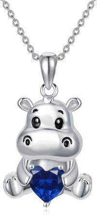 wholesale Sterling Silver Animal Birthstone Necklace Otter Axolotl Hippo Pendant Jewelry Gift for Women-09-Sep-Hippo
