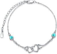 wholesale Sterling Silver Cubic Zirconia Double Heart Chain Jewelry for Women-Bracelet 7''-9''-14-Turquoise-White Gold