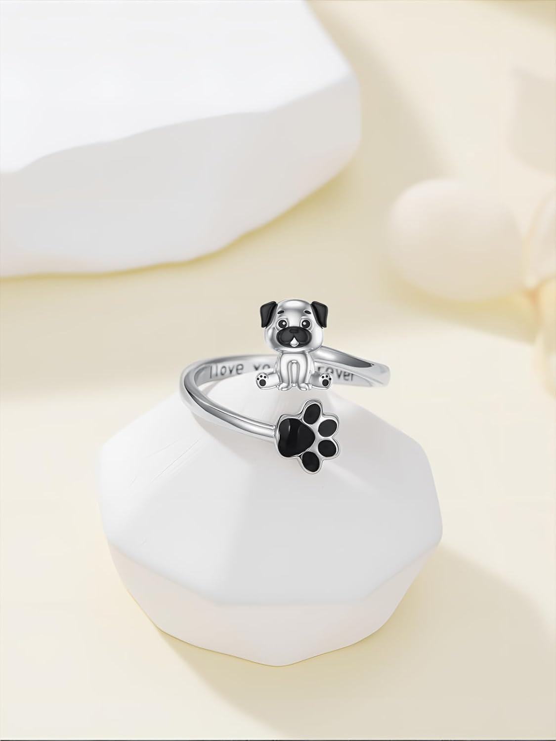 Sterling Silver Cute Puppy Corgi Dachshund Pug Yorki Adjustable Dog Rings for Women-0-3