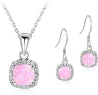 wholesale 925 Sterling Silver Plated  18K White Gold  Green Opal Jewelry Set Hypoallergenic Square Necklace Earrings Birthstone Wedding Gift -Pink