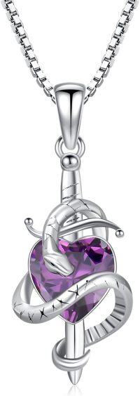 wholesale 925 Sterling Silver Birthstone Snake Sword Pendant Necklace for Women-925 Silver#02-February-Amethyst