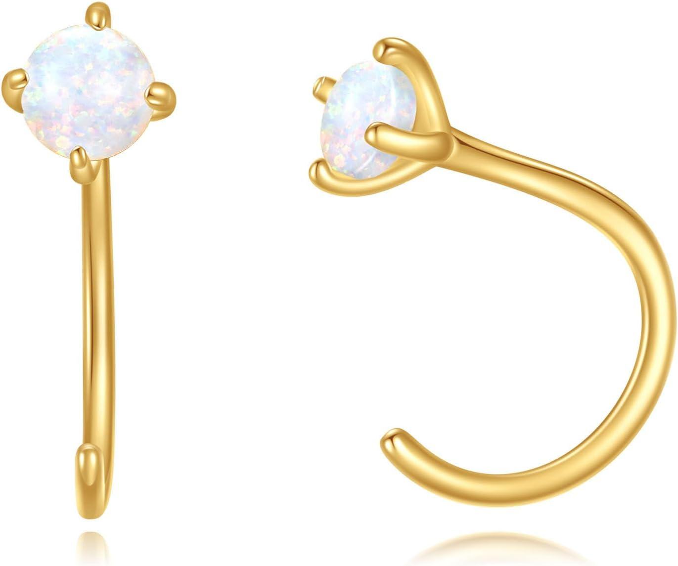 14K Gold Stone Dainty Half Hoop Huggie Earrings Cute Animal Jewelry Gifts for Women-Opal