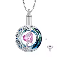 TOUPOP Sterling Silver Crystal Moon And Star Urn Necklace For Ashes Memorial Keepsake-color_name:10-Oct-Pink Tourmaline