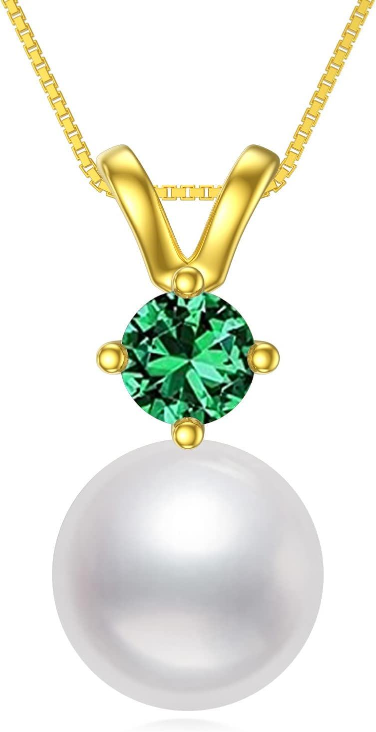 Sterling Silver Gold Plated Pearl Birthstone Necklace for Women -5-May-Emerald