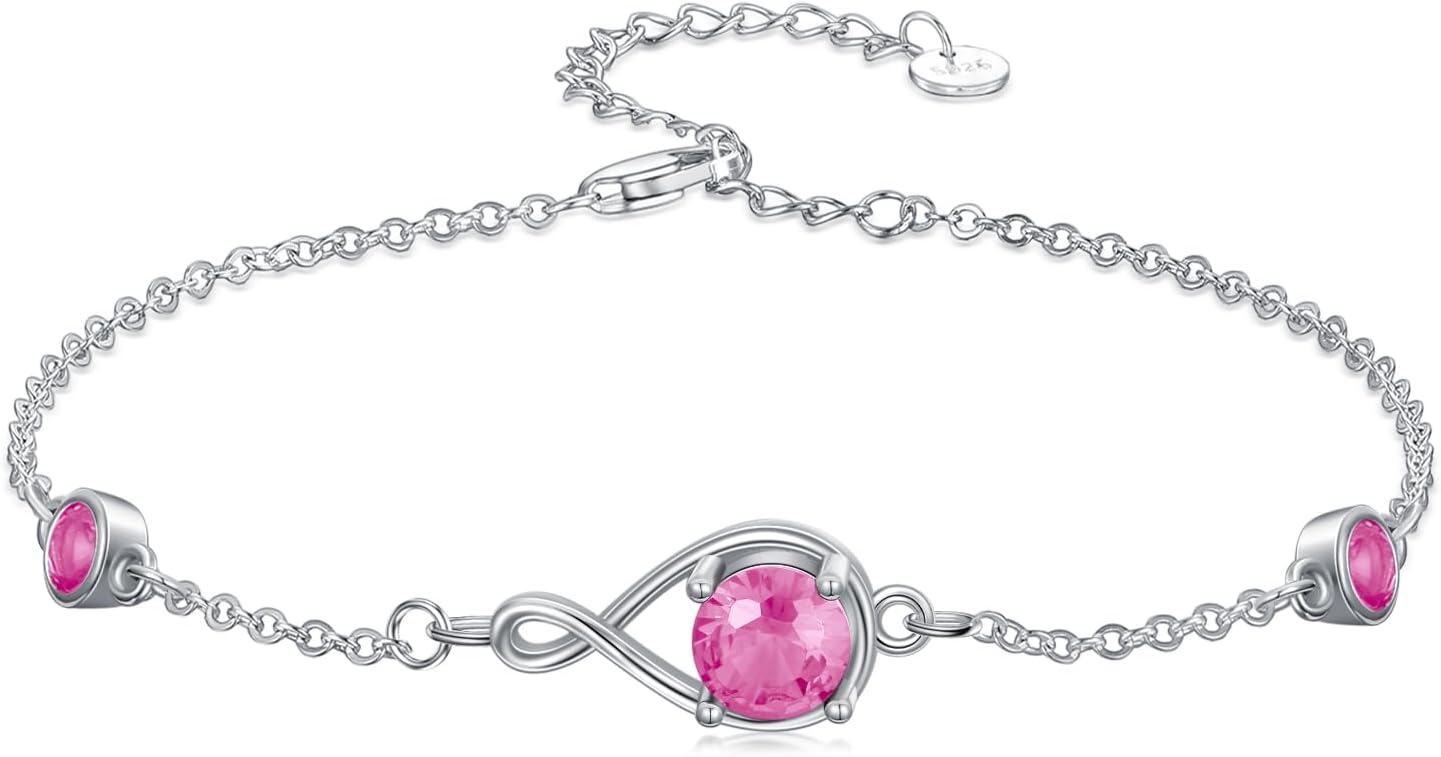  Sterling Silver Infinity Birthstone Link Bracelet for Women Adjustable 7 +2 Chain Gift -10-Oct-Pink