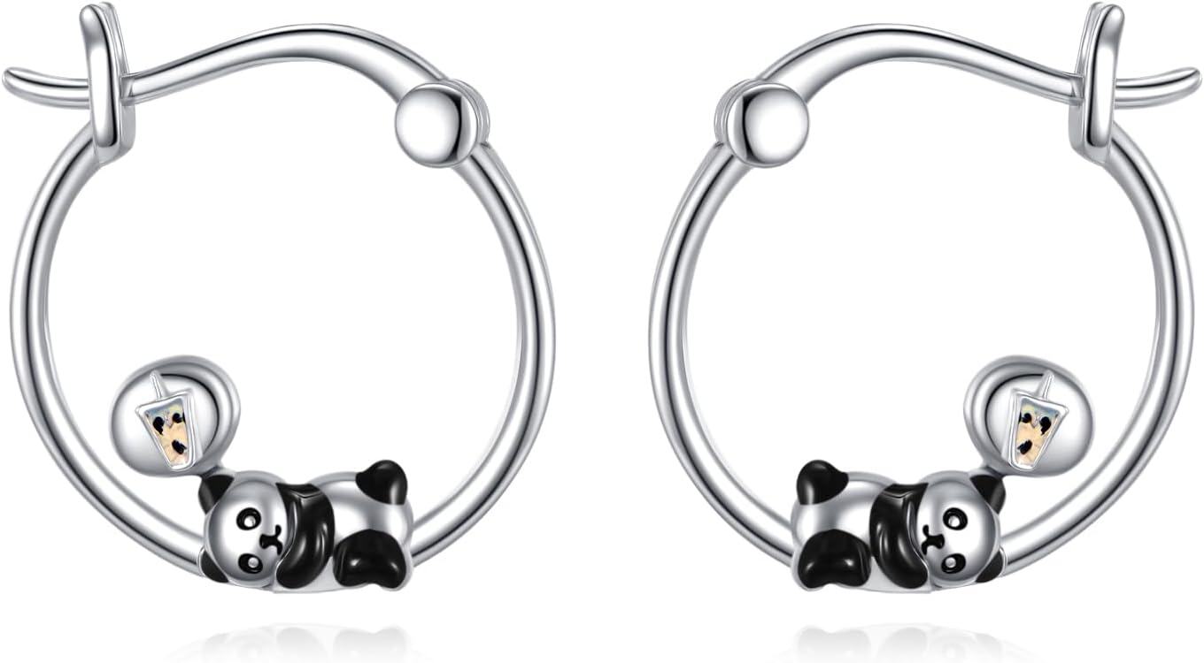 wholesale 925 Sterling Silver Panda Bear Bubble Tea Charm Hoop Earrings - Birthday Gift Ideas for Her-0-0