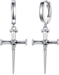 wholesale 925 Sterling Silver Nail Cross Huggie Hoop Earrings for Men-2-Silver