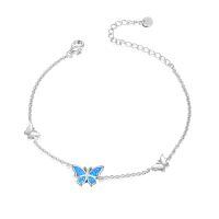 wholesale 925 Sterling Silver White Fire Opal Butterfly Chain Ankle Anklet for Women Gifts Jewelry-03-Blue