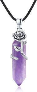 wholesale 925 Sterling Silver Purple Rose Quartz Crystal Pendant Necklace with Flower Design and Cord Chain for Women Girls  48cm Length-0-0