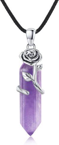 wholesale 925 Sterling Silver Purple Rose Quartz Crystal Pendant Necklace with Flower Design and Cord Chain for Women Girls  48cm Length-Amethyst Quartz