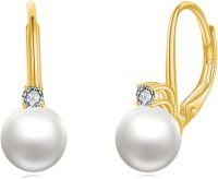 wholesale 925 Sterling Silver White Pearl and Cubic Zirconia Leverback Earrings-White Pearl-Gold