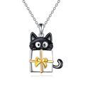 wholesale 925 Sterling Silver Cute Black Cat Gift Box Gold Bow Pendant Necklace-0-0