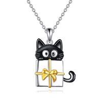 wholesale 925 Sterling Silver Cute Black Cat Gift Box Gold Bow Pendant Necklace-C-Cat