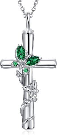 wholesale 925 Sterling Silver White Gold Plated Butterfly Cross Urn Necklace w Birthstone for Ashes Memorial Jewelry-Butterfly Cross Urn-May