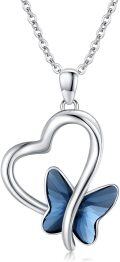 wholesale 925 Sterling Silver Blue Crystal Butterfly Heart Pendant Necklace for Women-0-0