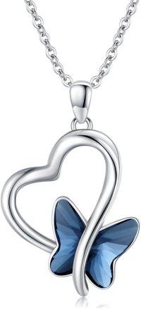 wholesale 925 Sterling Silver Blue Crystal Butterfly Heart Pendant Necklace for Women-Blue