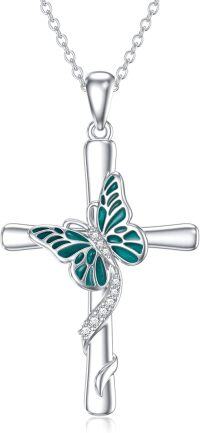 wholesale 925 Sterling Silver Green Enamel Butterfly Cross Pendant Necklace for Women-Butterfly