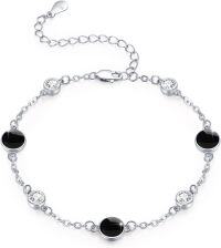 wholesale 925 Sterling Silver Black Onyx & White CZ Flower Vine Anklet for Women-02-Black Onyx