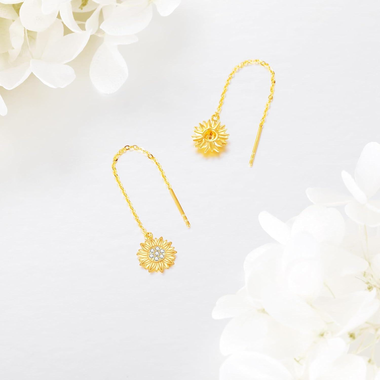 wholesale 14K Gold Sunflower Dangle Earrings with Gift Box, 10.7mm Sunflower Design, 55mm Chain, Adjustable for Daily Wear, Symbolic You Are My Sunshine Gift for Women-0-2