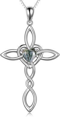 wholesale 925 Sterling Silver Celtic Knot Cross with Moss Agate Heart Pendant Necklace for Women Girls Irish Infinity Love s 43mm x 68mm-Moss agate cross necklace