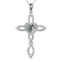 wholesale 925 Sterling Silver Celtic Knot Cross with Moss Agate Heart Pendant Necklace for Women Girls Irish Infinity Love s 43mm x 68mm-Moss agate cross necklace