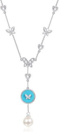 wholesale 925 Sterling Silver Turquoise Butterfly & Heart Pendant Necklace w/Pearl for Women-02