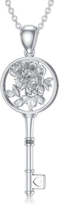 wholesale Sterling Silver Diamond Birth Flower Key Necklace for Women-9-Set-Peony