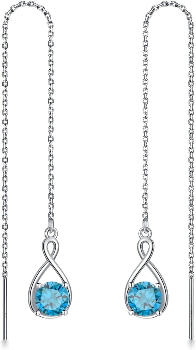  Sterling Silver Birthstone Threader Earrings Infinity Long Chain Drop Pull Through 12 Stone Birthday Jewelry Gifts for Women -03-Mar-Aquamarine