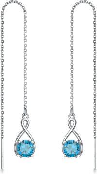 wholesale 925 Sterling Silver Birthstone Threader Earrings Infinity Long Chain Drop Pull Through 12 Stone Birthday Jewelry Gifts for Women-03-Mar-Aquamarine