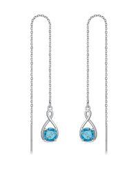 wholesale 925 Sterling Silver Birthstone Threader Earrings Infinity Long Chain Drop Pull Through 12 Stone Birthday Jewelry Gifts for Women-03-Mar-Aquamarine
