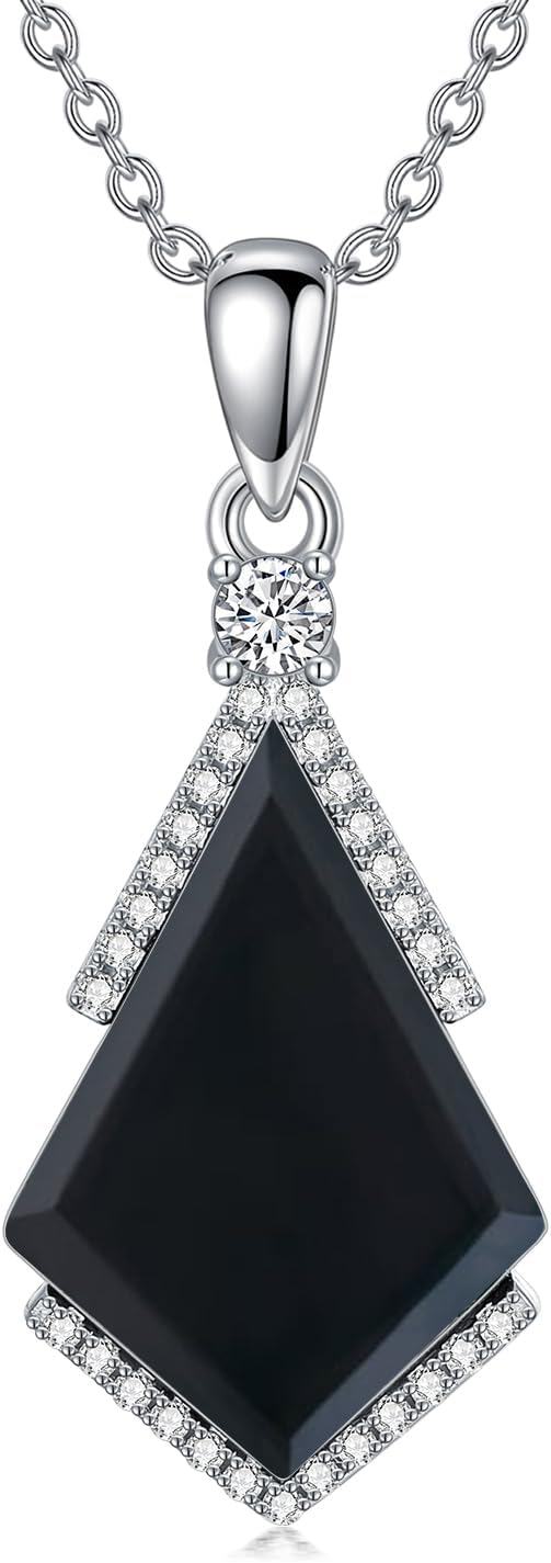925 Sterling Silver Diamond Accent Triangle Shape Black Onyx Pendant Necklace 45cm Chain Length-0-0