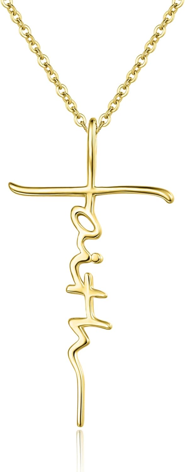 Sterling Silver Birthstone Faith Cross Pendant Necklace for Women-Gold-Gold