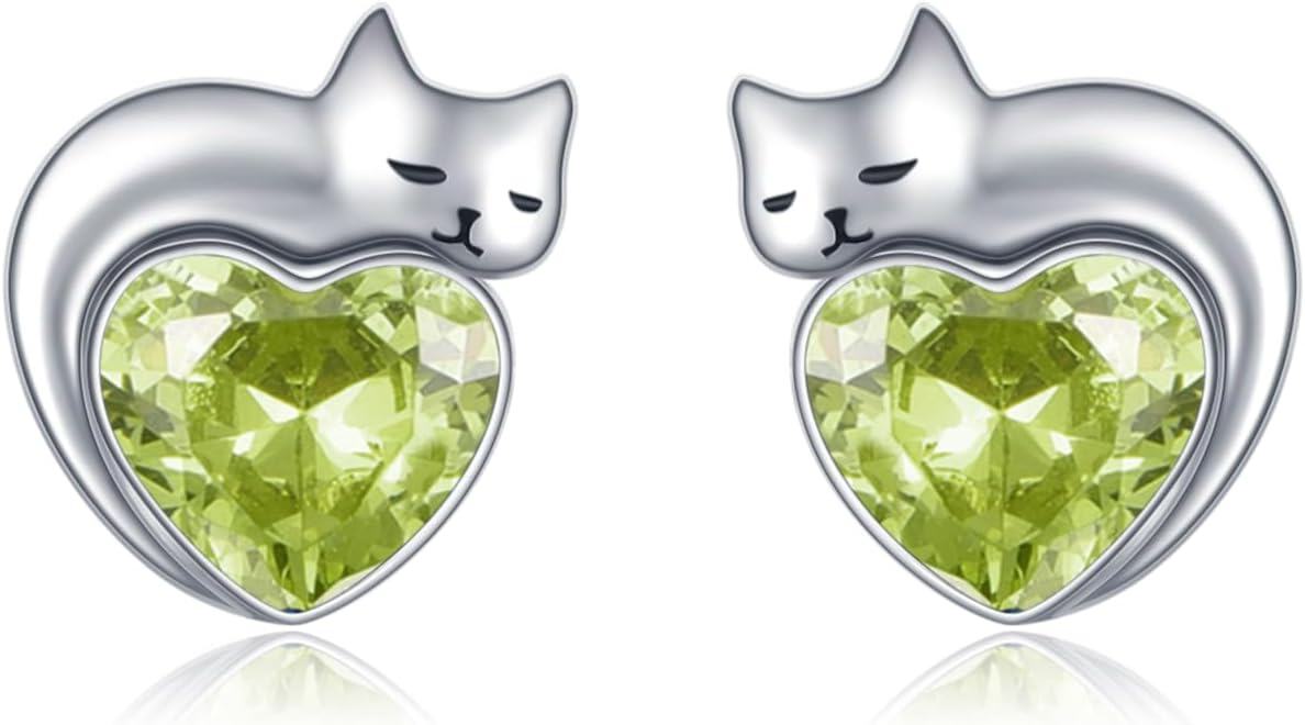 wholesale Sterling Silver Birthstone Cat Stud Earrings Heart Jewelry for Women-08-August